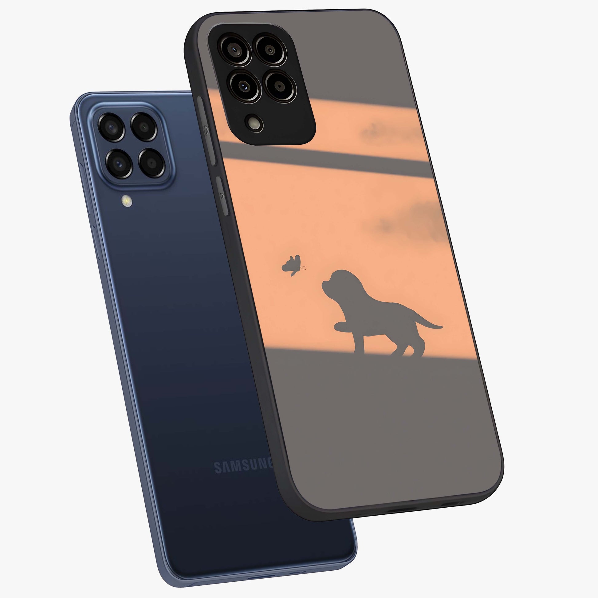 Puppy Shadow Art Glass Case displayed in angled mockup highlighting playful dog illustration with artistic shadow aesthetic.