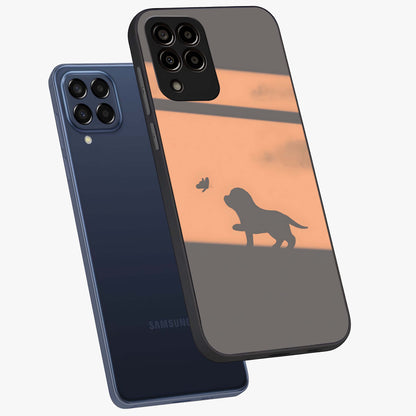 Puppy Shadow Art Glass Case displayed in angled mockup highlighting playful dog illustration with artistic shadow aesthetic.