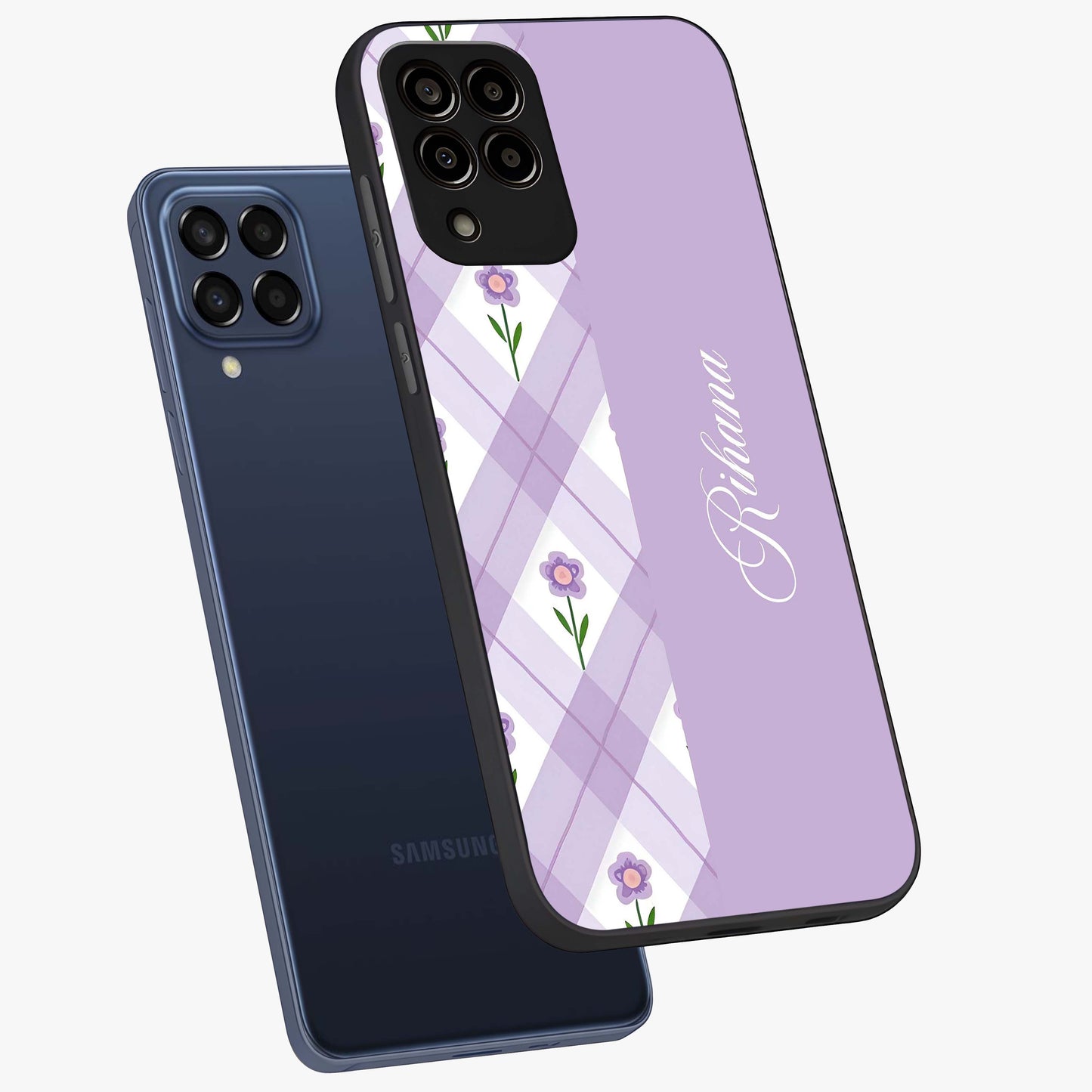 Purple Diamond Floral Glass Case displayed in angled mockup highlighting elegant purple flower design with decorative pattern.