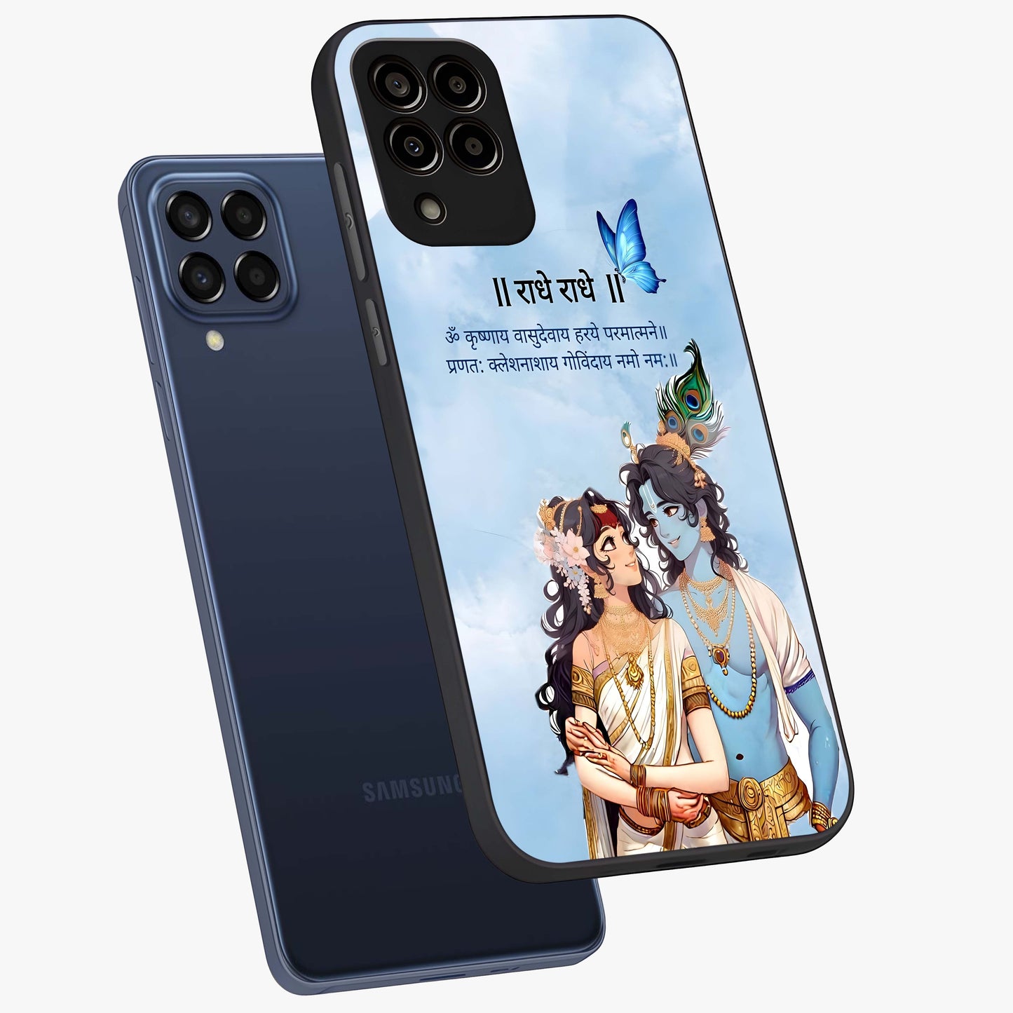 Radha Krishna Eternal Glass Case displayed in angled mockup highlighting divine Radha Krishna illustration with spiritual aesthetic.