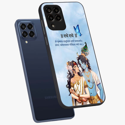 Radha Krishna Eternal Glass Case displayed in angled mockup highlighting divine Radha Krishna illustration with spiritual aesthetic.