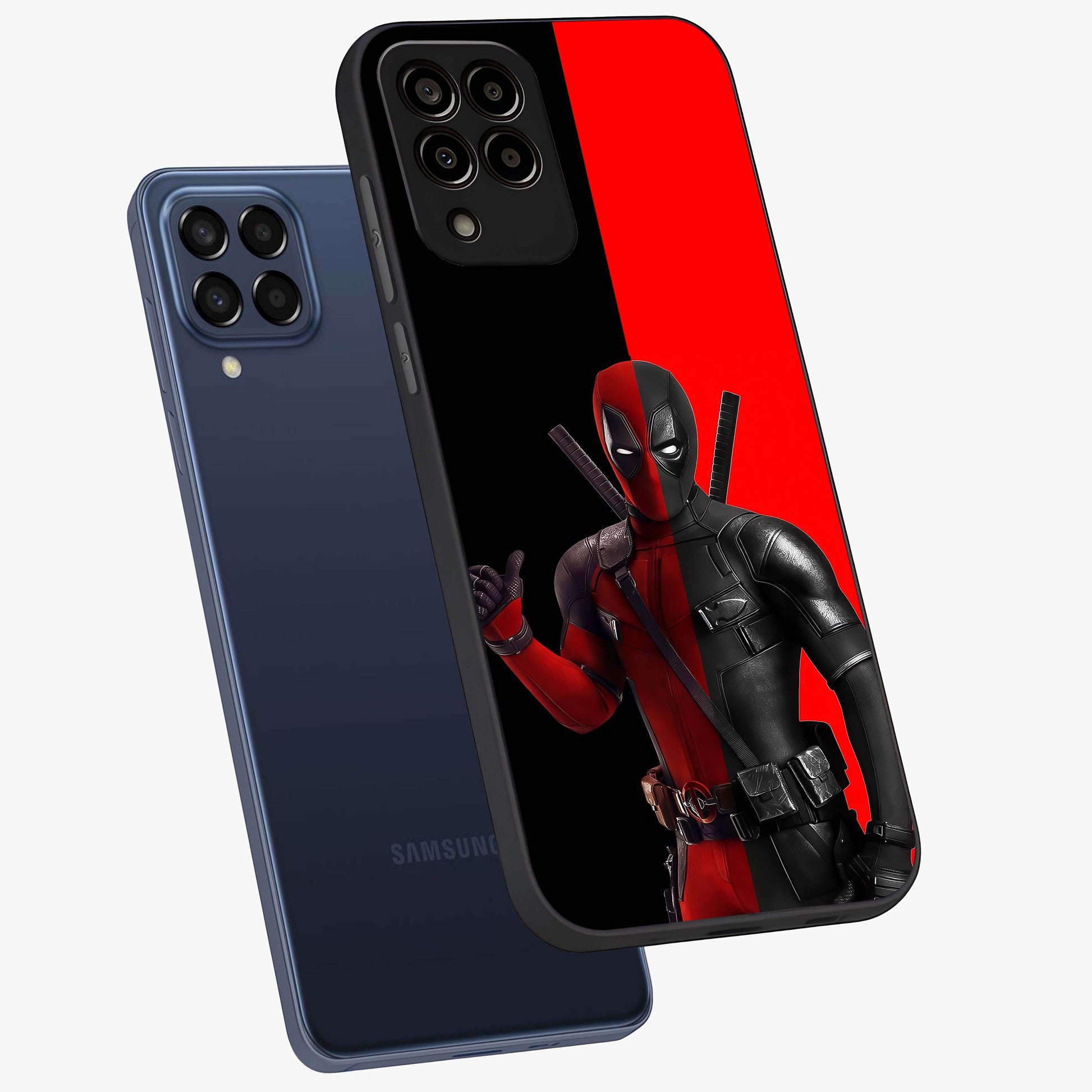 Red & Black Deadpool Theme Glass Case displayed in angled mockup highlighting vibrant superhero style illustration with action aesthetic.