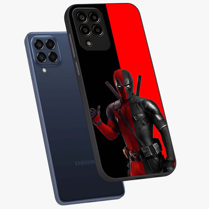 Red & Black Deadpool Theme Glass Case displayed in angled mockup highlighting vibrant superhero style illustration with action aesthetic.