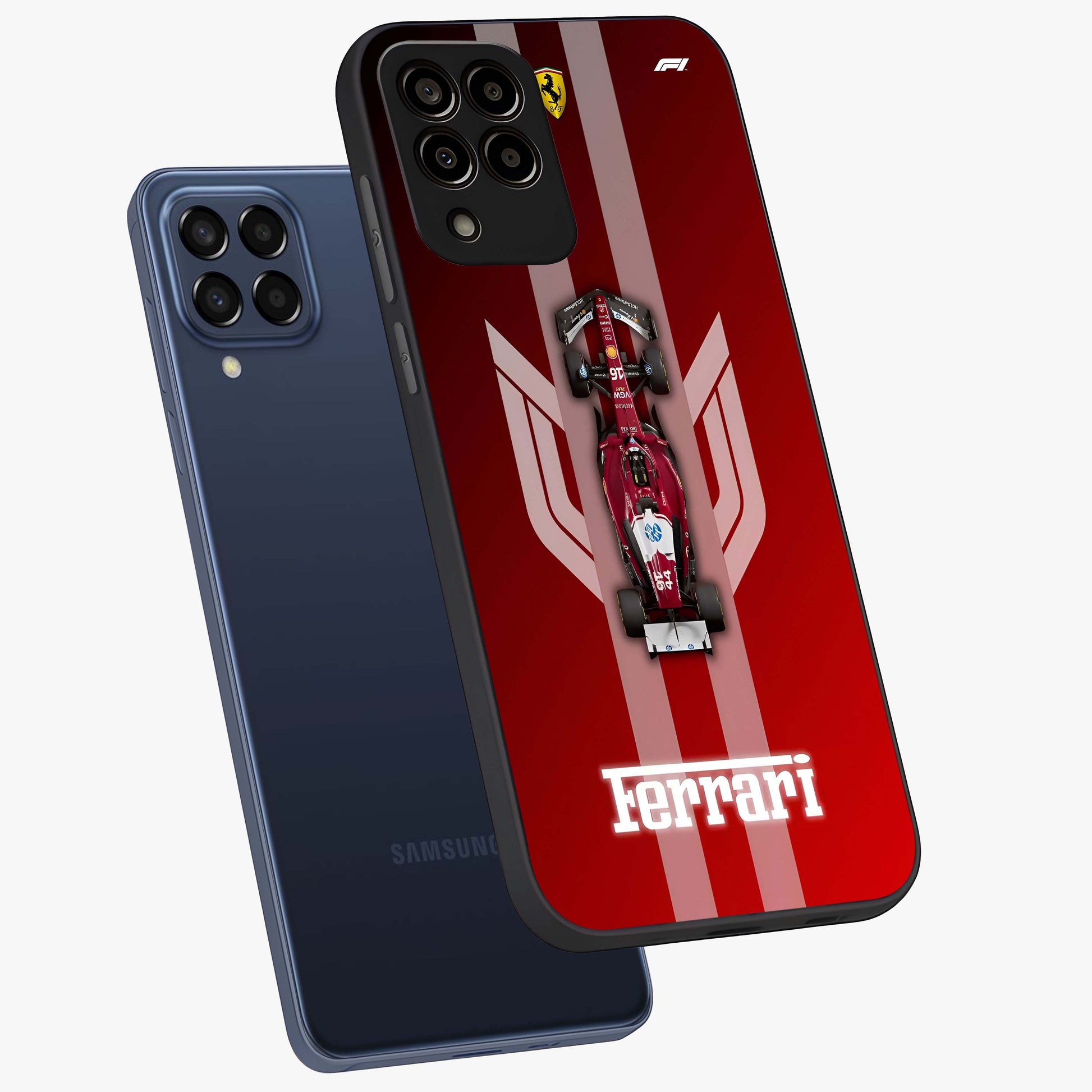 Red Ferrari F1 Vertical Glass Case displayed in angled mockup highlighting high speed racing design with bold automotive aesthetic.