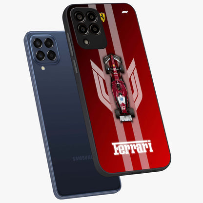 Red Ferrari F1 Vertical Glass Case displayed in angled mockup highlighting high speed racing design with bold automotive aesthetic.