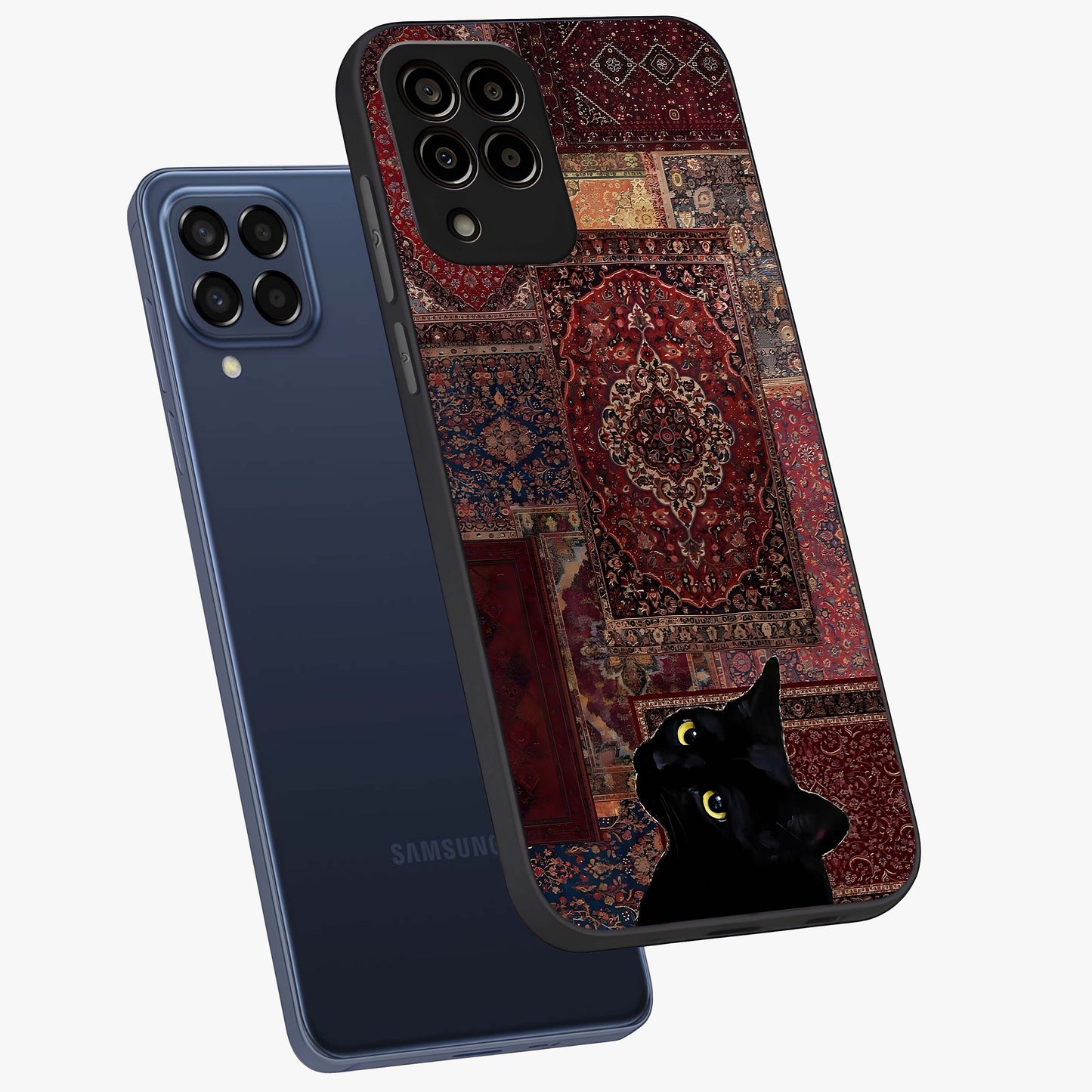 Regal Magic Cat Apple Glass Case displayed in angled mockup highlighting whimsical feline design with fantasy aesthetic.