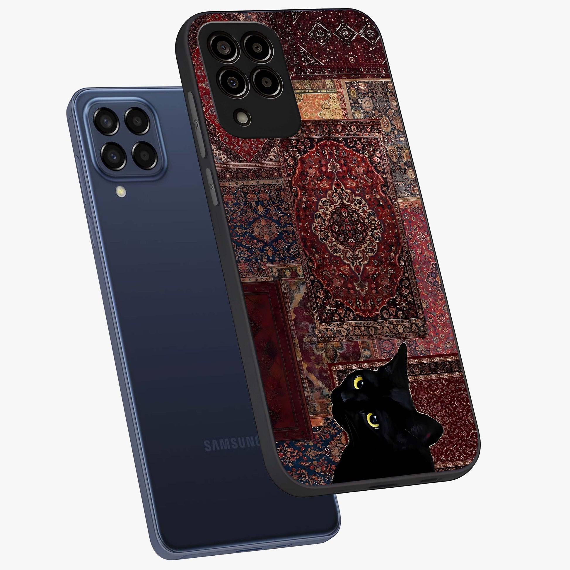 Regal Magic Cat Apple Glass Case displayed in angled mockup highlighting whimsical feline design with fantasy aesthetic.