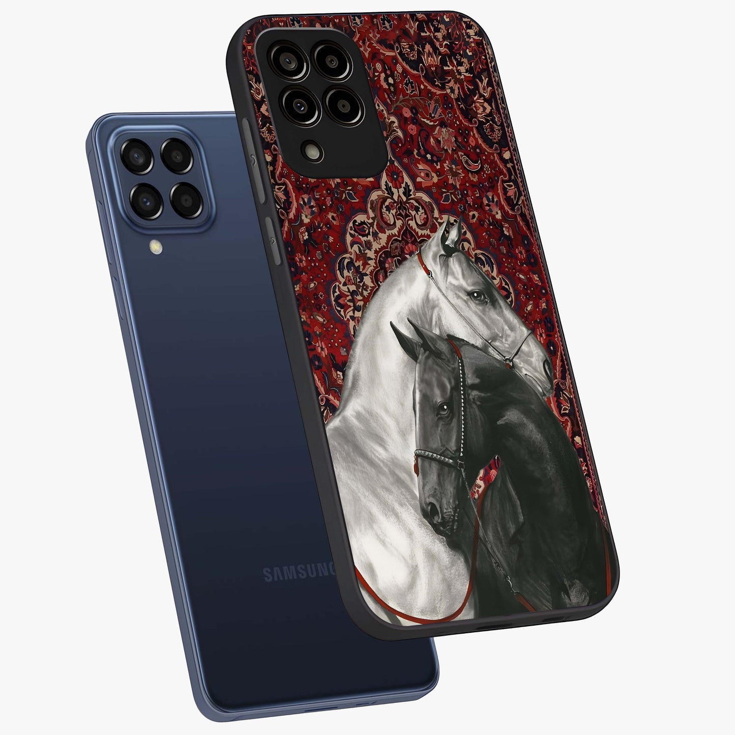 Regal Stallion Tapestry Glass Case displayed in angled mockup highlighting royal stallion design with decorative heritage aesthetic.