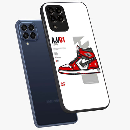 Retro Sneaker Blueprint Glass Case displayed in angled mockup highlighting detailed shoe design with sporty retro aesthetic.