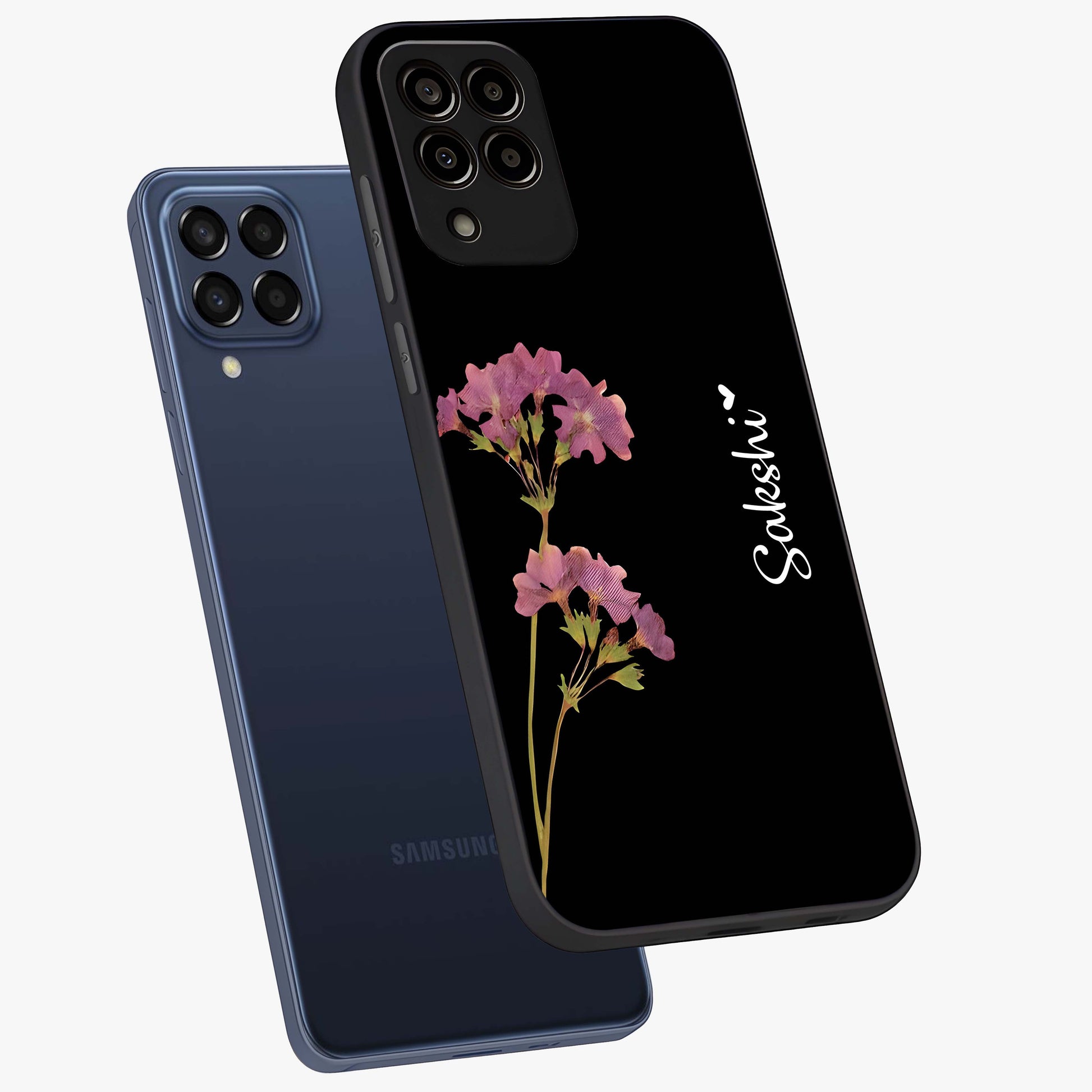 Riching Lavender Flower Custom Name Glass Case displayed in angled mockup highlighting delicate lavender flower design with custom name feature.