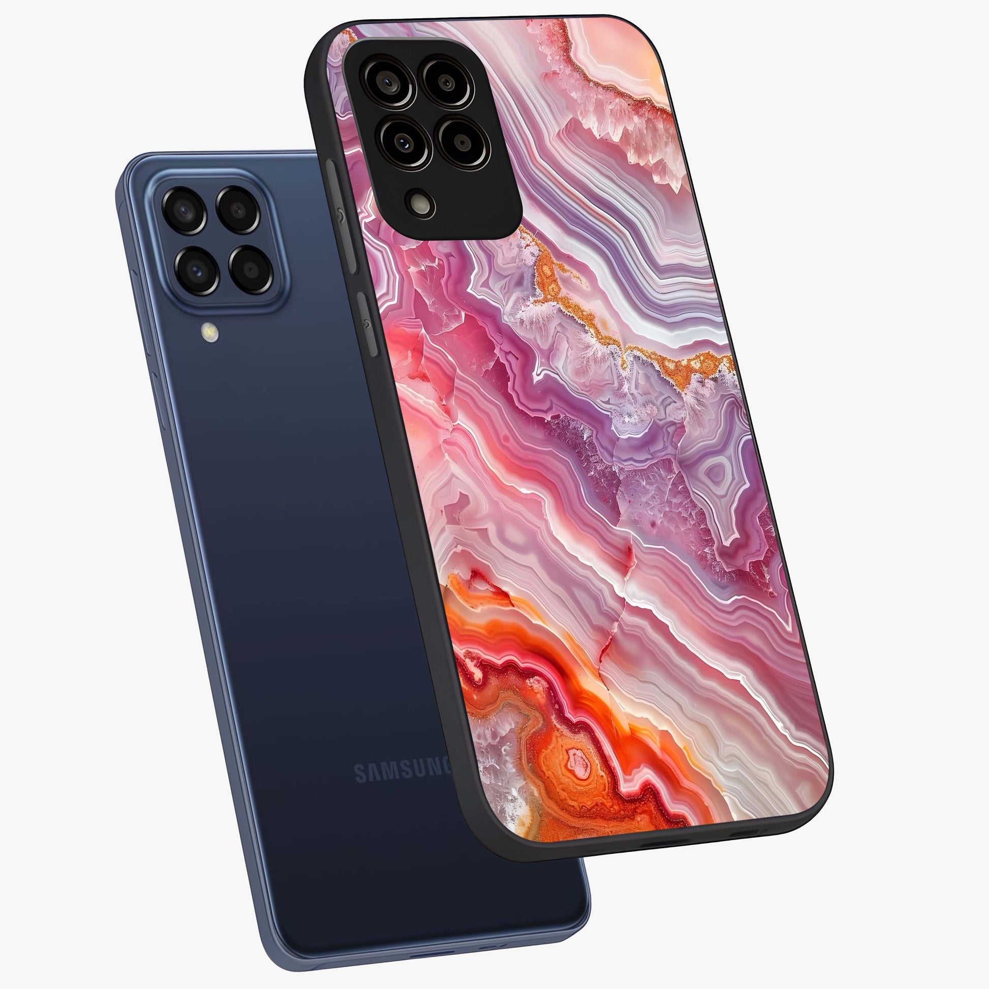 Rose Quartz Marble Glass Case displayed in angled mockup highlighting elegant marble pattern with soft aesthetic style.