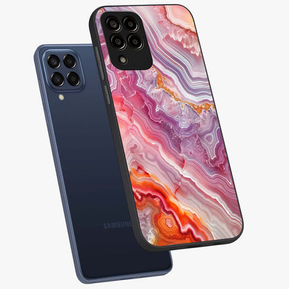 Rose Quartz Marble Glass Case displayed in angled mockup highlighting elegant marble pattern with soft aesthetic style.