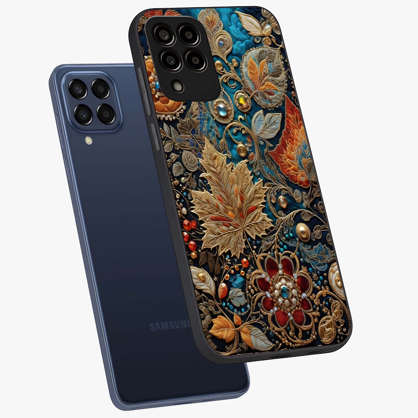 Royal Jewel Garden Glass Case displayed in angled mockup highlighting vibrant jewel inspired floral design with elegant aesthetic.