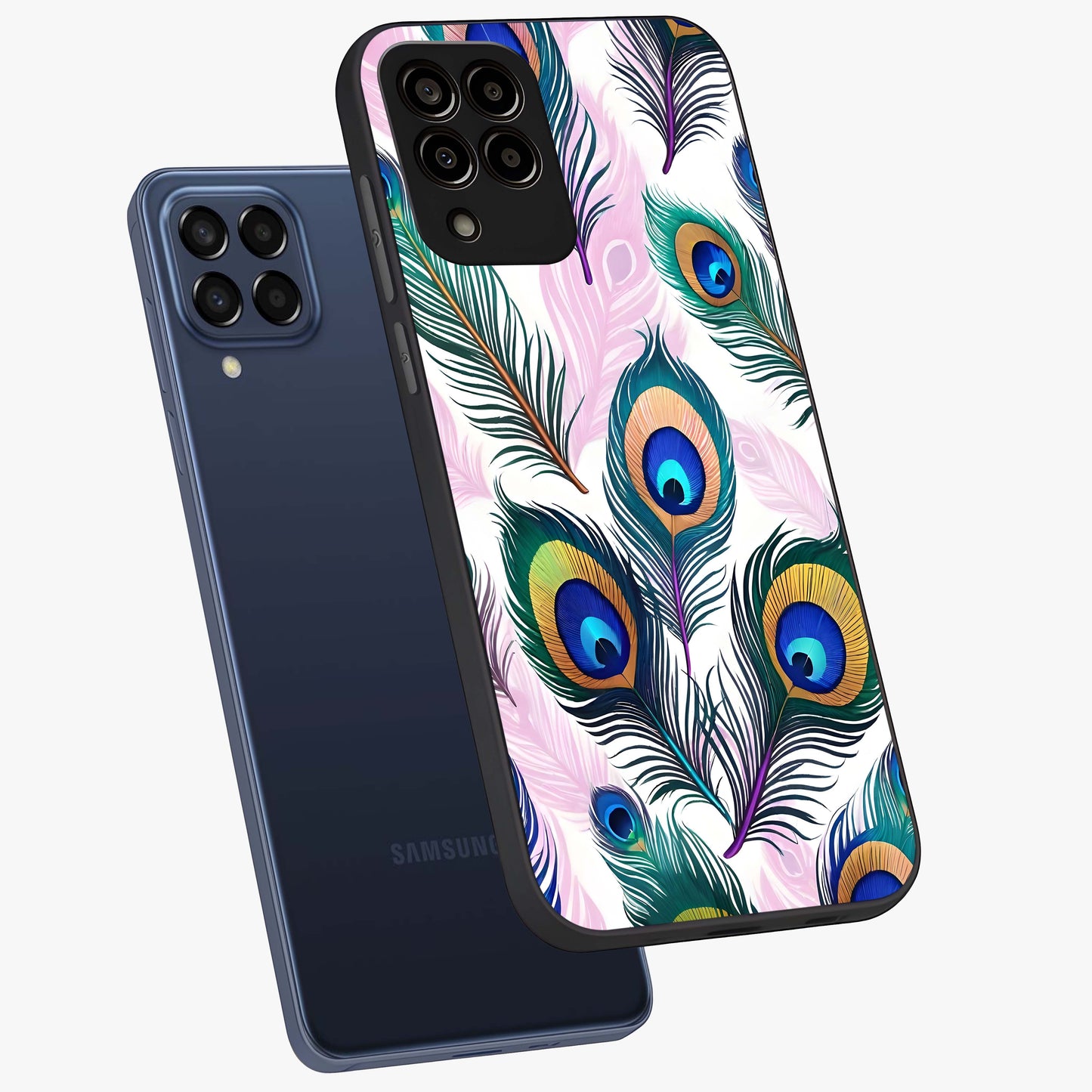 Royal Peacock Feathers Glass Case displayed in angled mockup highlighting vibrant feather pattern with regal aesthetic style.
