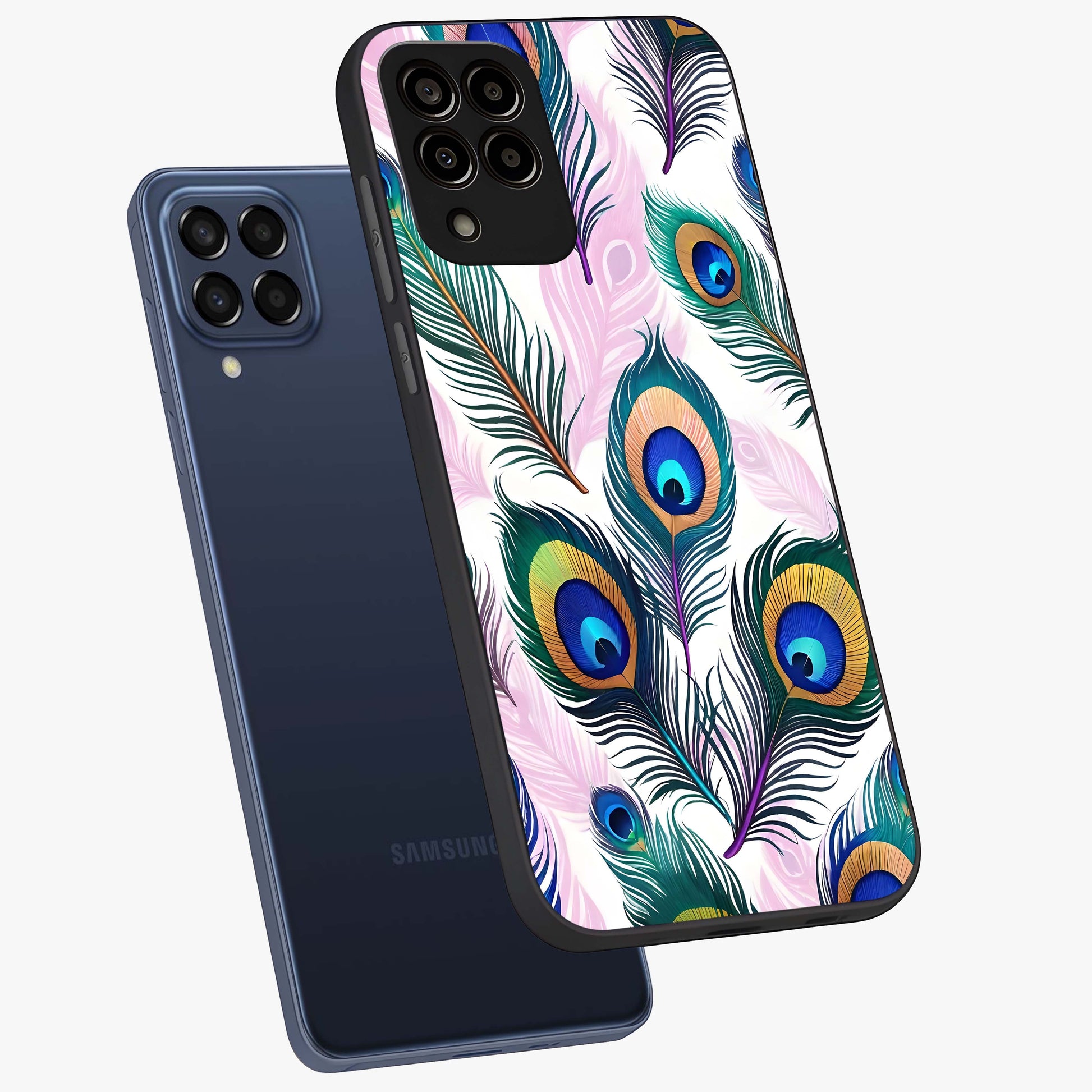 Royal Peacock Feathers Glass Case displayed in angled mockup highlighting vibrant feather pattern with regal aesthetic style.
