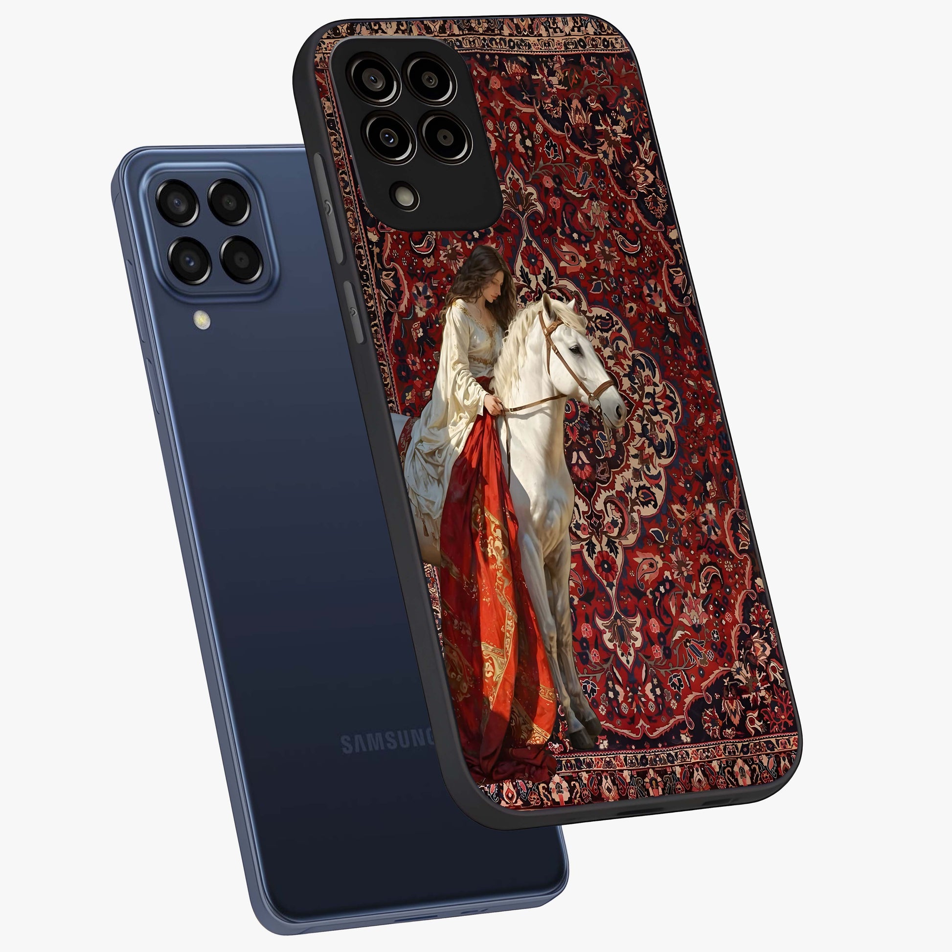Royal Rider Tapestry Glass Case displayed in angled mockup highlighting traditional tapestry design with royal heritage aesthetic.