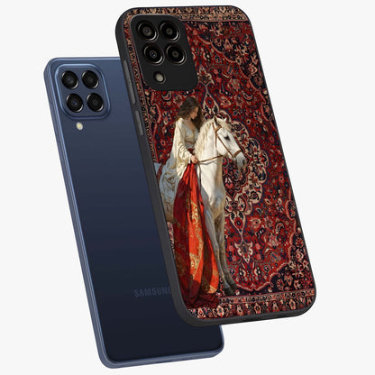Royal Rider Tapestry Glass Case displayed in angled mockup highlighting traditional tapestry design with royal heritage aesthetic.