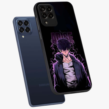 Shadow Monarch Awakening Glass Case displayed in angled mockup highlighting dramatic shadow warrior design with fantasy aesthetic.