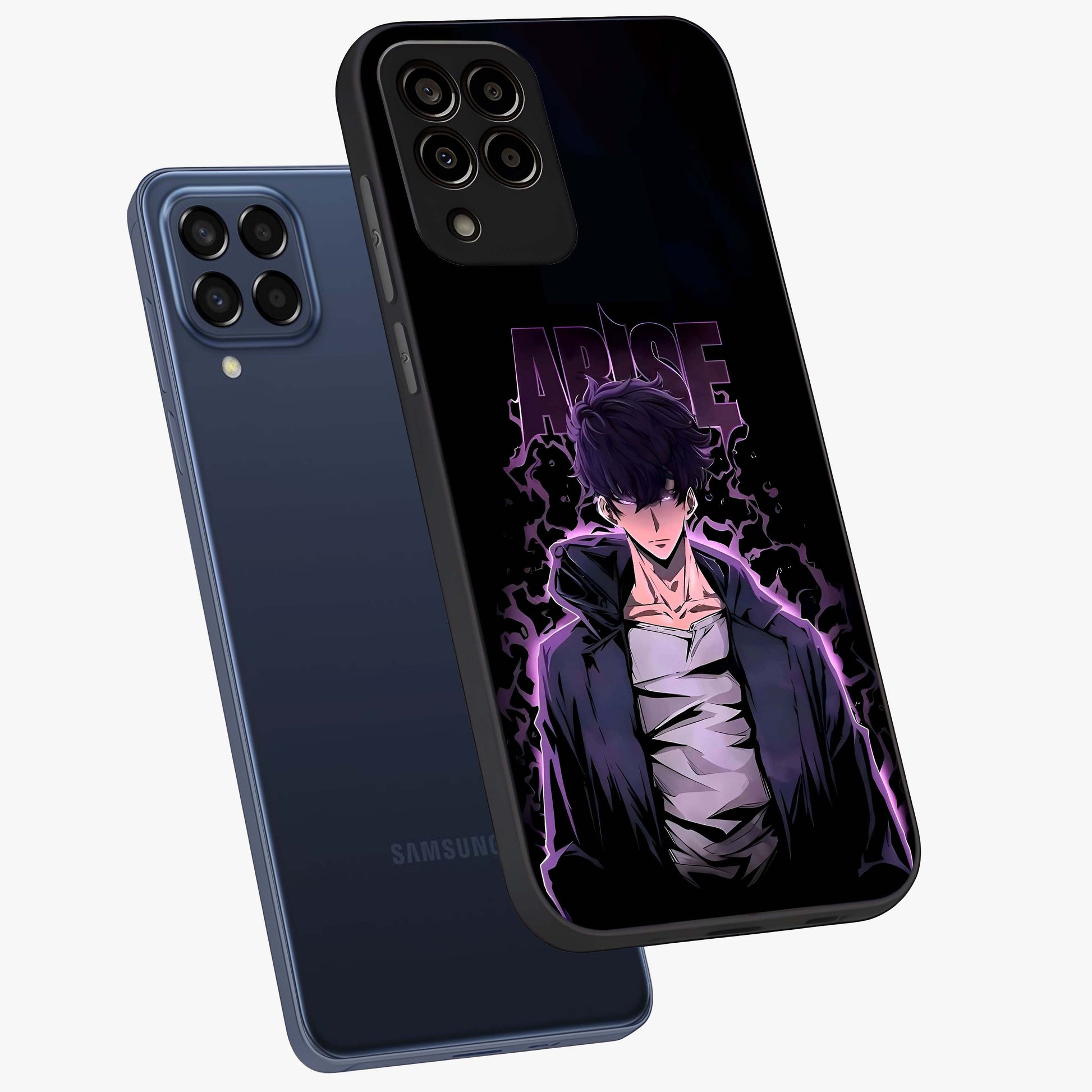 Shadow Monarch Awakening Glass Case displayed in angled mockup highlighting dramatic shadow warrior design with fantasy aesthetic.