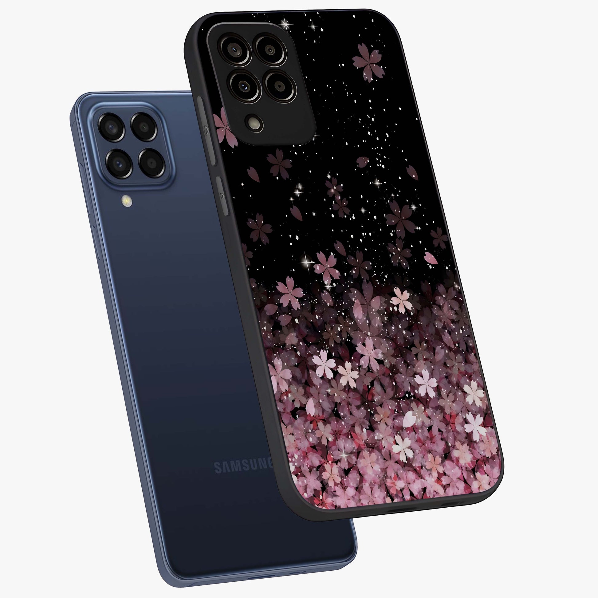 Small Starry Flowers Glass Case displayed in angled mockup highlighting tiny flower pattern with celestial aesthetic style.