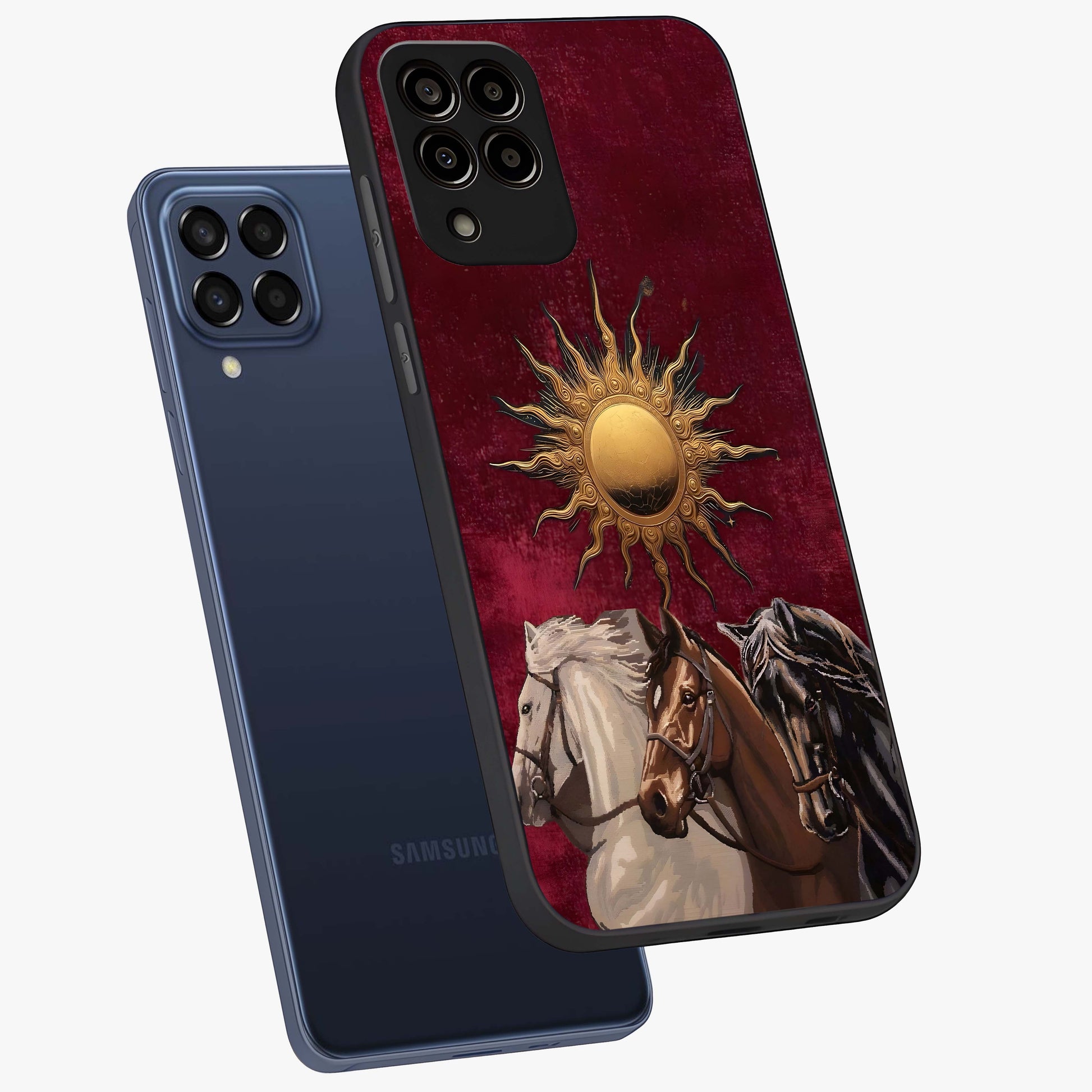 Solar Riders Glass Case displayed in angled mockup highlighting powerful rider illustration with radiant solar aesthetic.