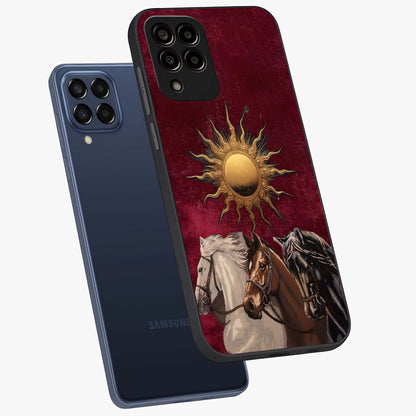 Solar Riders Glass Case displayed in angled mockup highlighting powerful rider illustration with radiant solar aesthetic.