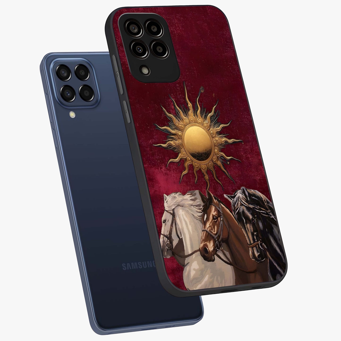 Solar Riders Glass Case displayed in angled mockup highlighting powerful rider illustration with radiant solar aesthetic.