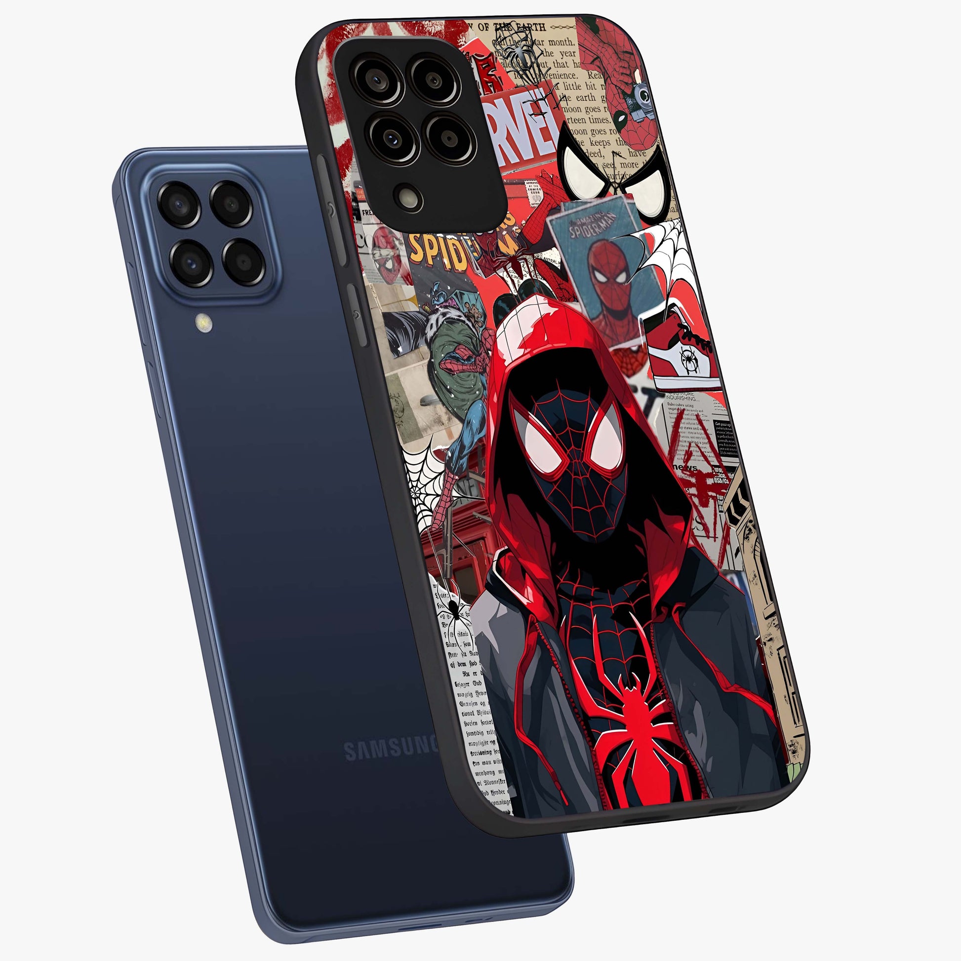 Spider Collage Street Glass Case displayed in angled mockup highlighting dynamic street style collage design with comic aesthetic.