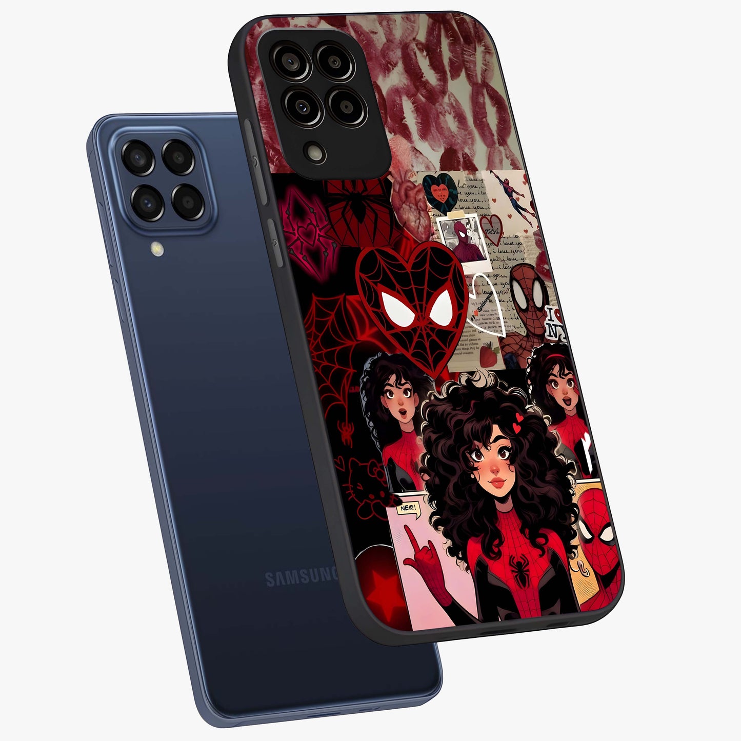 Spider Love Story Glass Case displayed in angled mockup highlighting expressive comic inspired design with playful aesthetic.