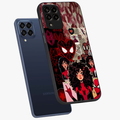 Spider Love Story Glass Case displayed in angled mockup highlighting expressive comic inspired design with playful aesthetic.