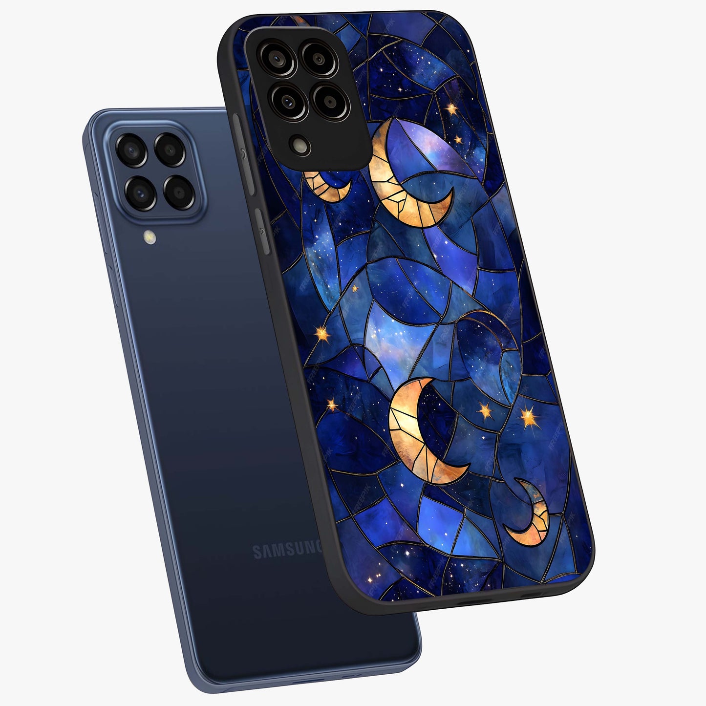 Starlit Sky Tapestry Glass Case displayed in angled mockup highlighting celestial night pattern with artistic aesthetic style.