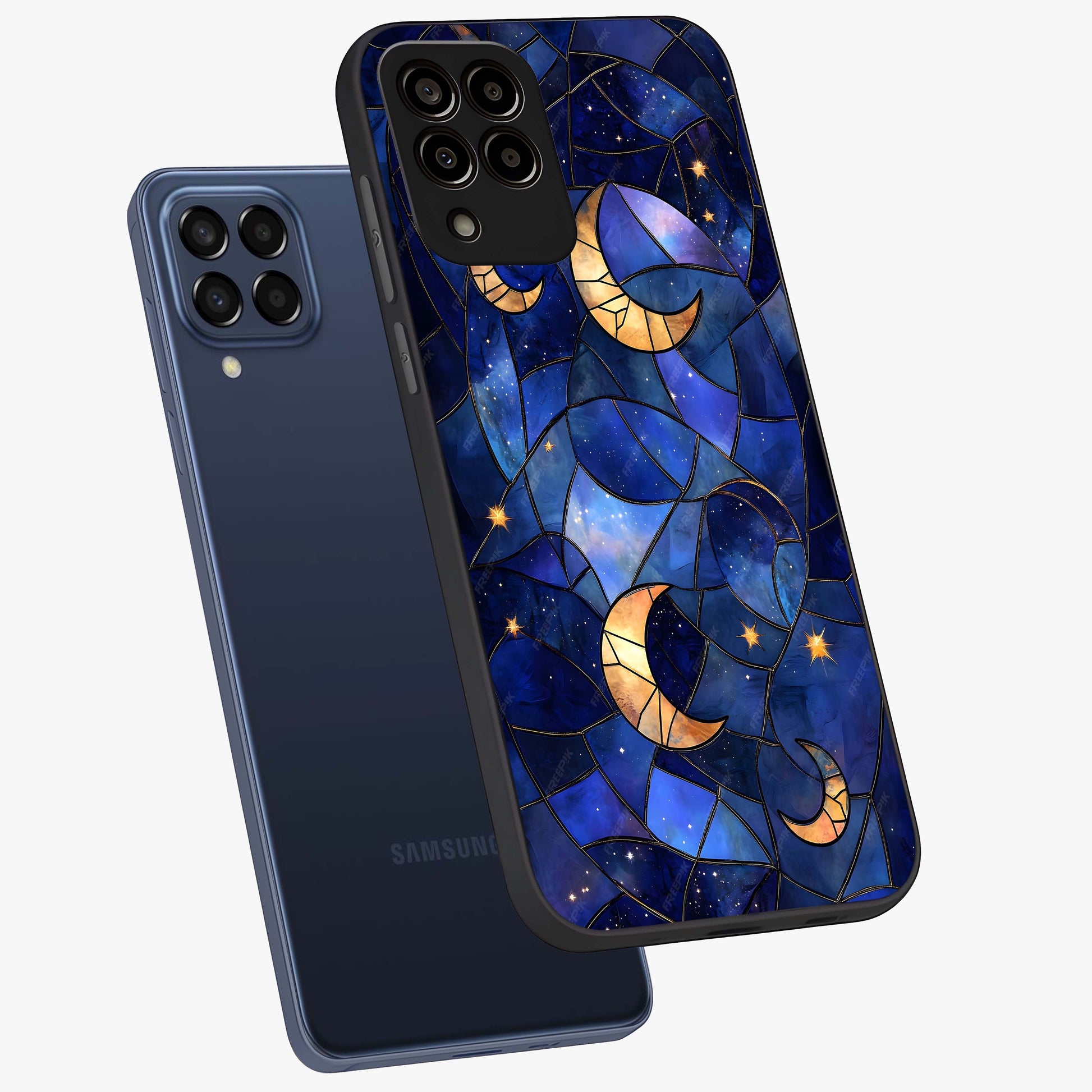 Starlit Sky Tapestry Glass Case displayed in angled mockup highlighting celestial night pattern with artistic aesthetic style.