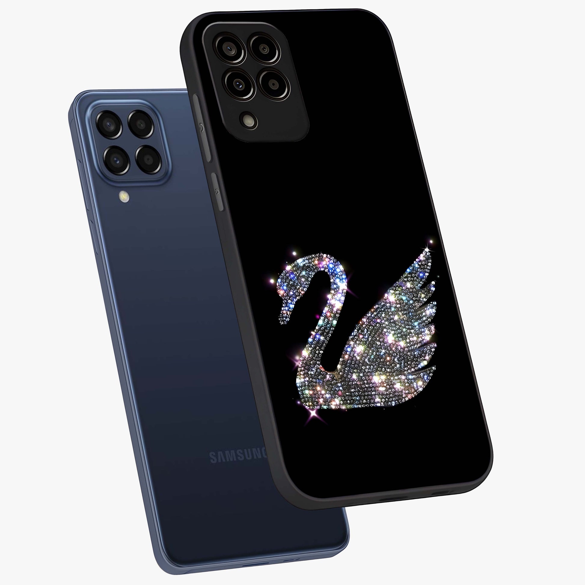 Starlit Swan Grace Glass Case displayed in angled mockup highlighting elegant swan illustration with dreamy celestial aesthetic.