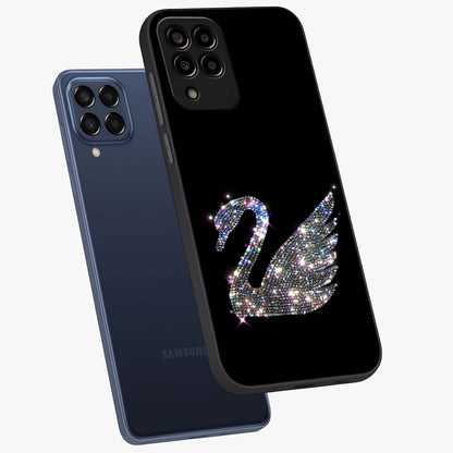 Starlit Swan Grace Glass Case displayed in angled mockup highlighting elegant swan illustration with dreamy celestial aesthetic.