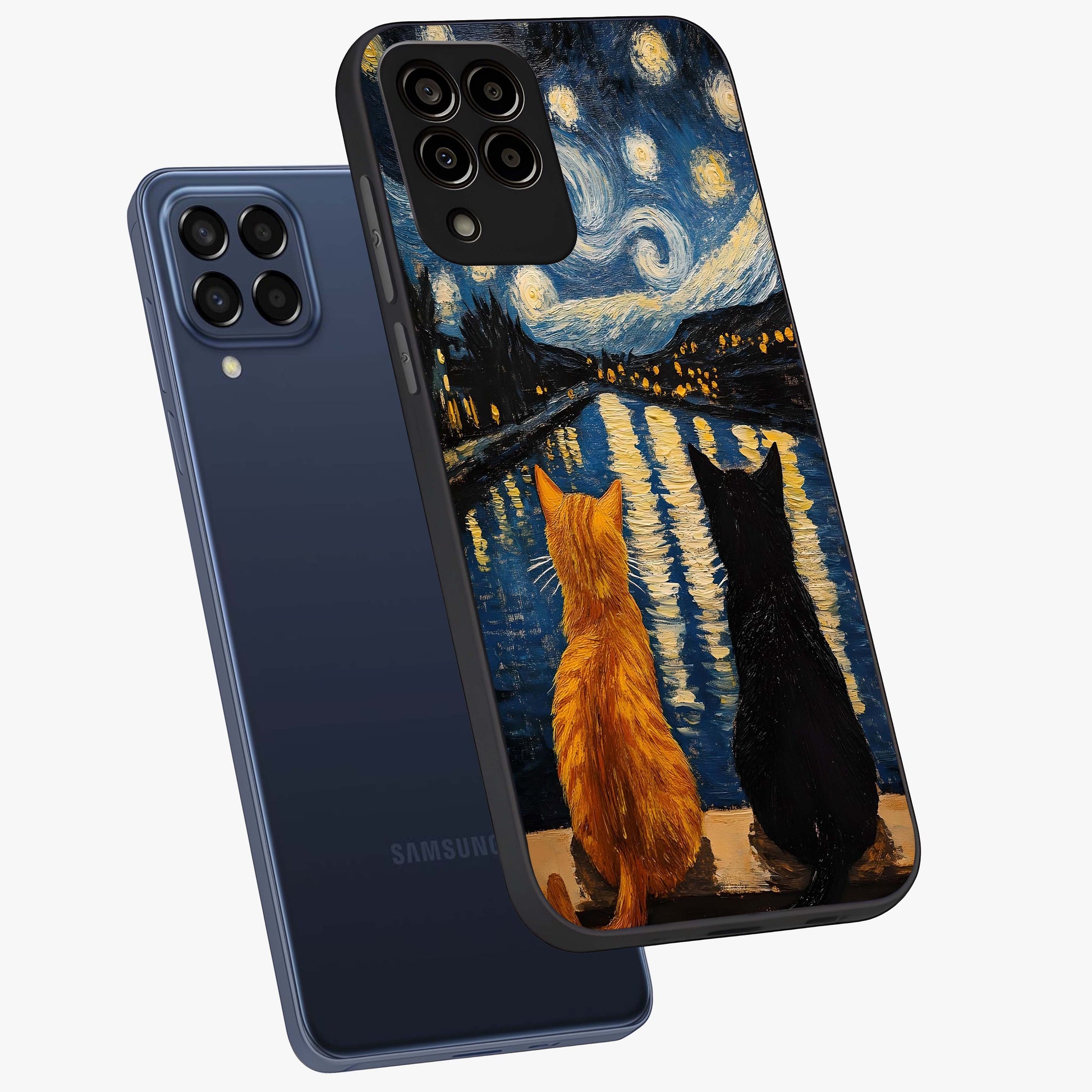 Starry River Cats Glass Case displayed in angled mockup highlighting charming feline illustration with dreamy night aesthetic.