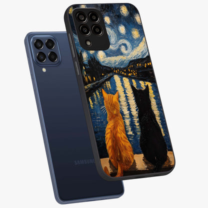 Starry River Cats Glass Case displayed in angled mockup highlighting charming feline illustration with dreamy night aesthetic.