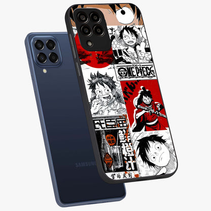 Strawhat Chaos Panels Glass Case displayed in angled mockup highlighting vibrant anime collage design with action aesthetic.