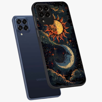 Sun And Moon Magic Design Glass Case displayed in angled mockup highlighting celestial design with magical cosmic aesthetic.