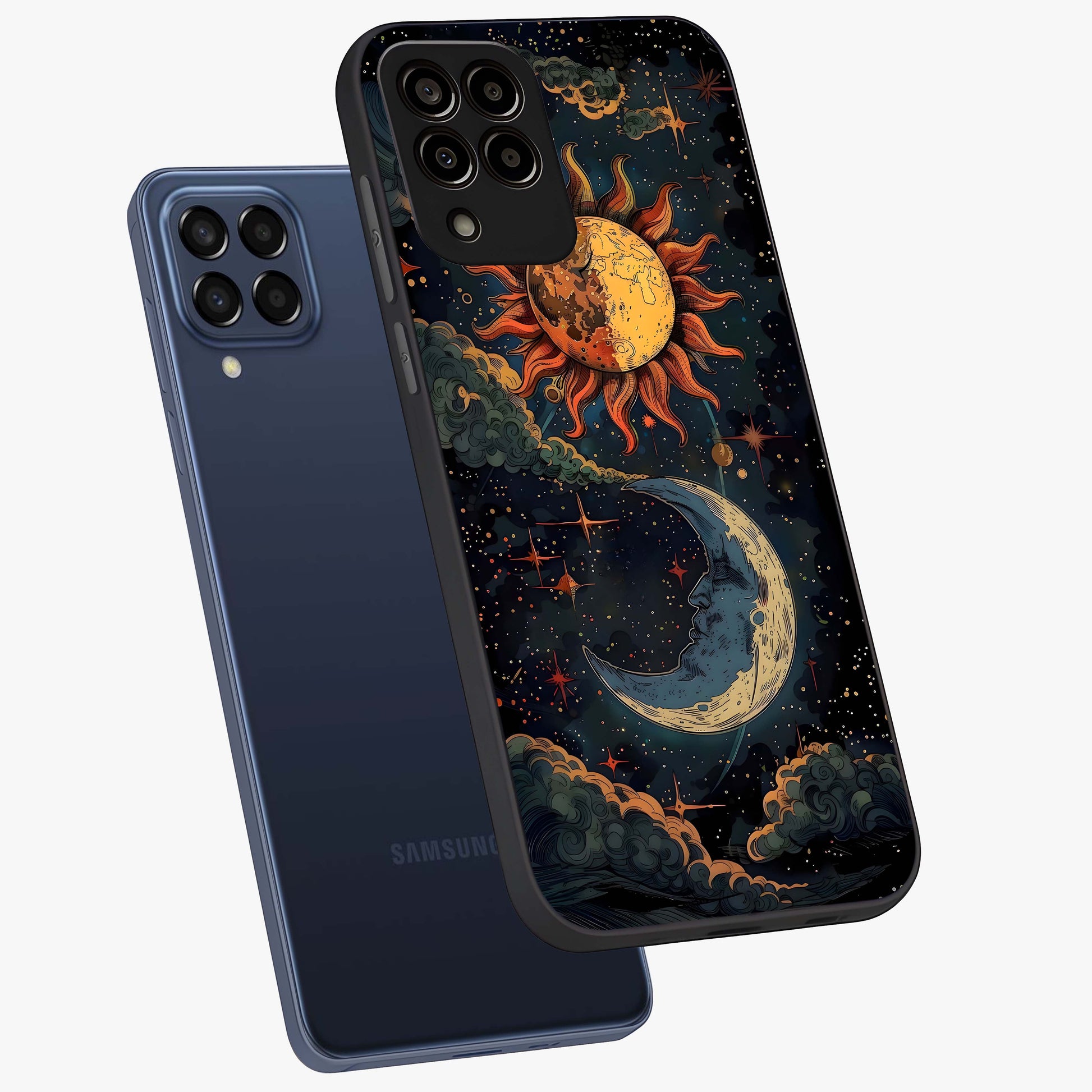 Sun And Moon Magic Design Glass Case displayed in angled mockup highlighting celestial design with magical cosmic aesthetic.