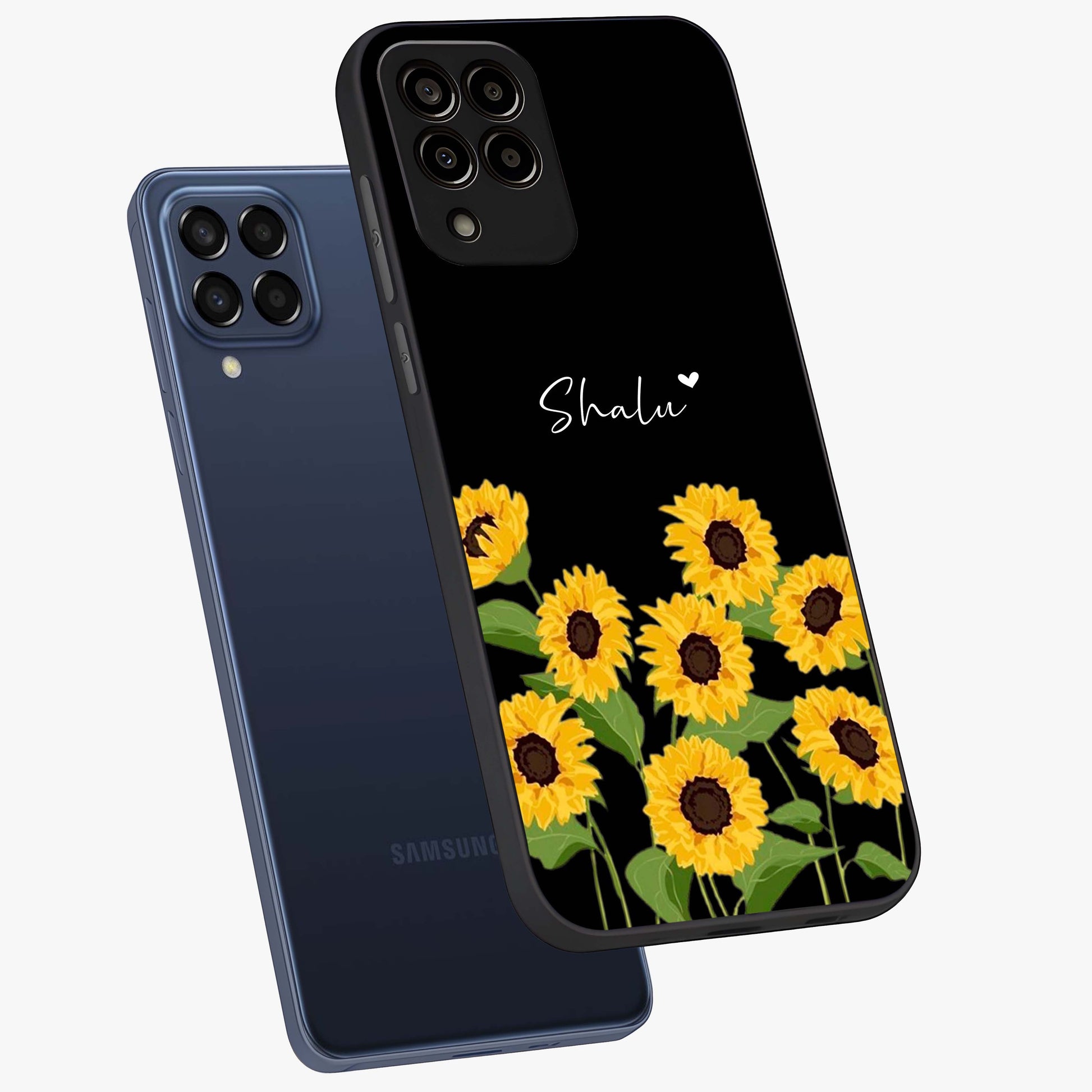 Sunflower Chic Mood Custom Name Glass Case displayed in angled mockup highlighting vibrant sunflower design with custom name feature.