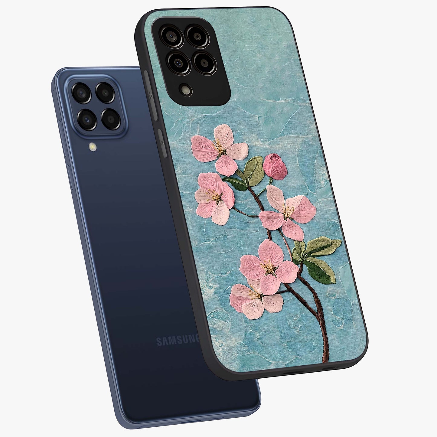 Threaded Blossom Breeze Glass Case displayed in angled mockup highlighting elegant floral design with soft aesthetic style.