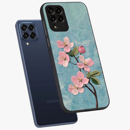 Threaded Blossom Breeze Glass Case displayed in angled mockup highlighting elegant floral design with soft aesthetic style.