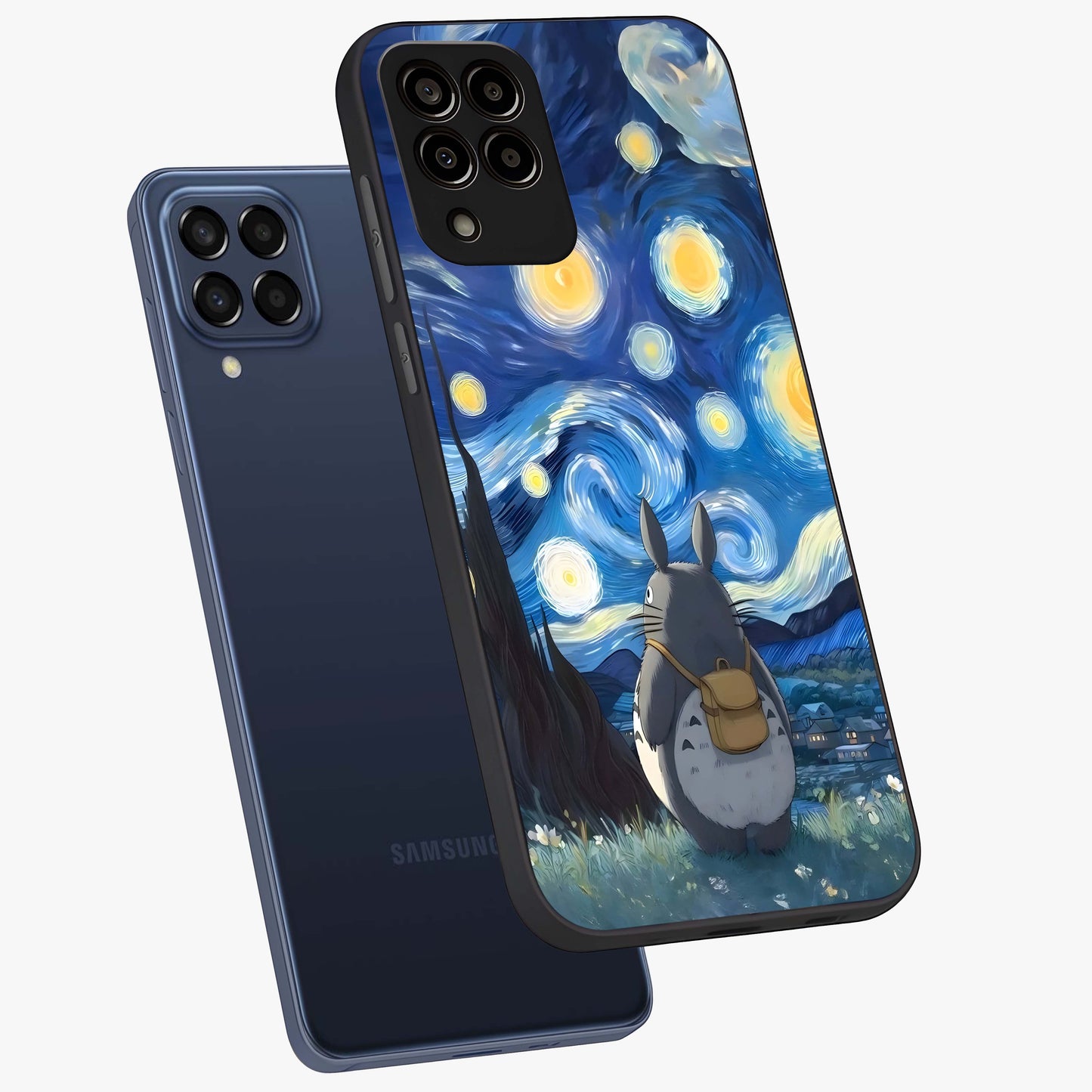 Totoro In Van Gogh Art Glass Case displayed in angled mockup highlighting artistic swirling sky design with playful animation aesthetic.