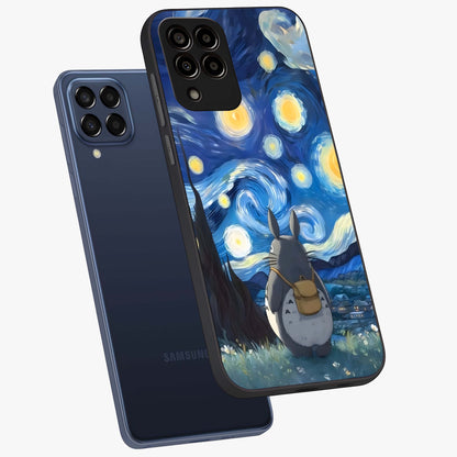 Totoro In Van Gogh Art Glass Case displayed in angled mockup highlighting artistic swirling sky design with playful animation aesthetic.