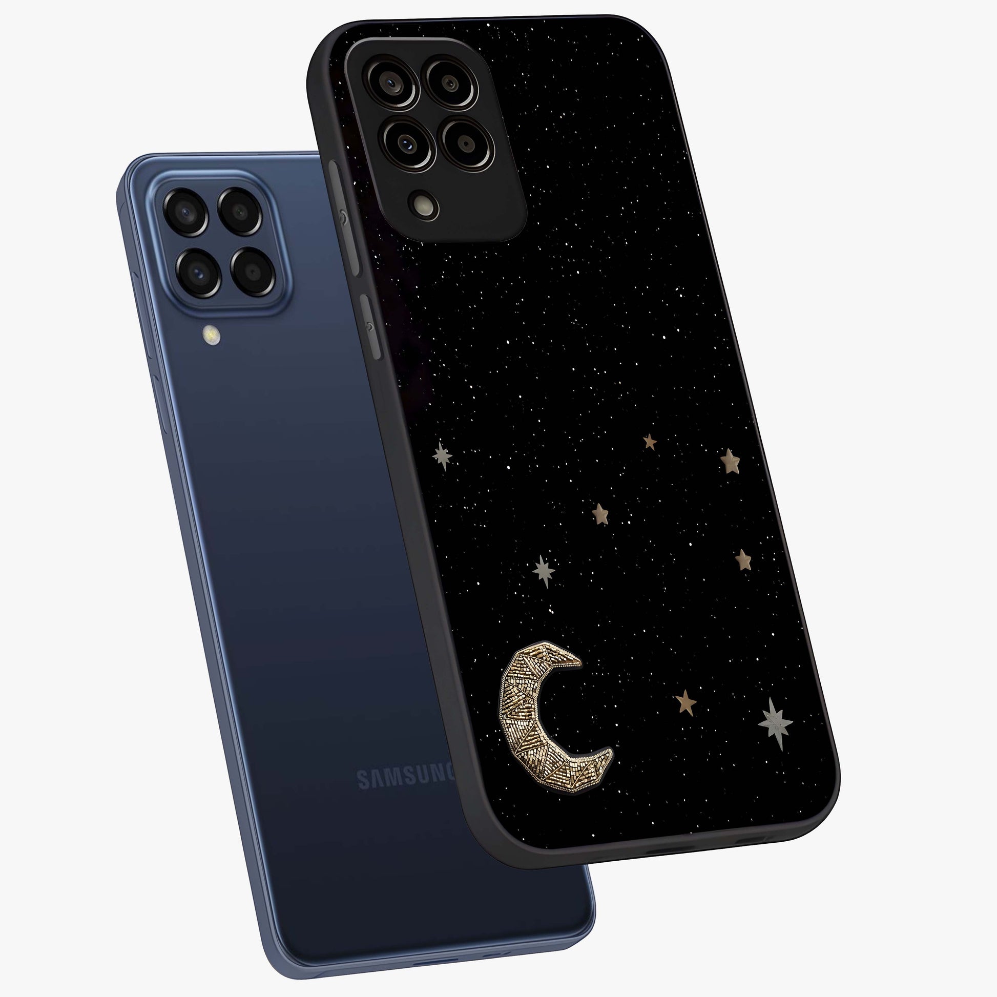 Twinkle Star With Half Moon Glass Case displayed in angled mockup highlighting celestial moon and star design with magical aesthetic.