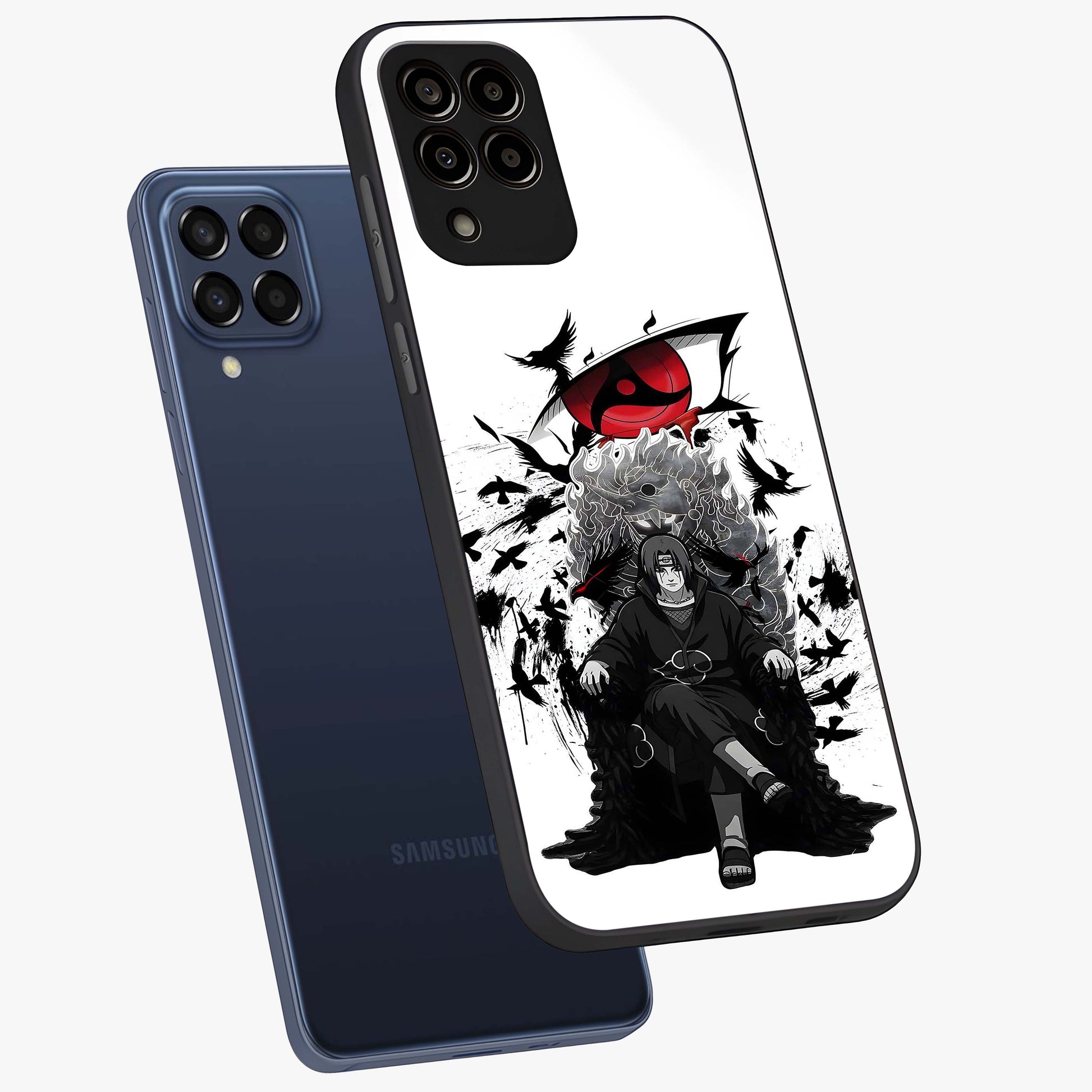 Uchiha Shadow Throne Glass Case displayed in angled mockup highlighting glowing aquatic design with celestial aesthetic.