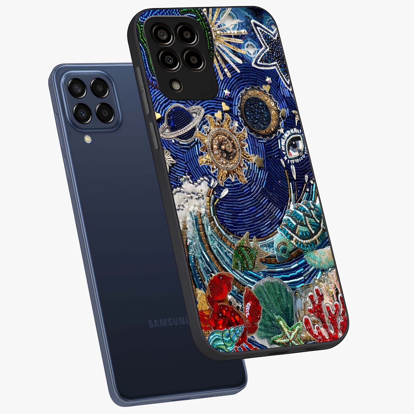 Universe Underwater Spark Glass Case displayed in angled mockup highlighting glowing aquatic design with celestial aesthetic.