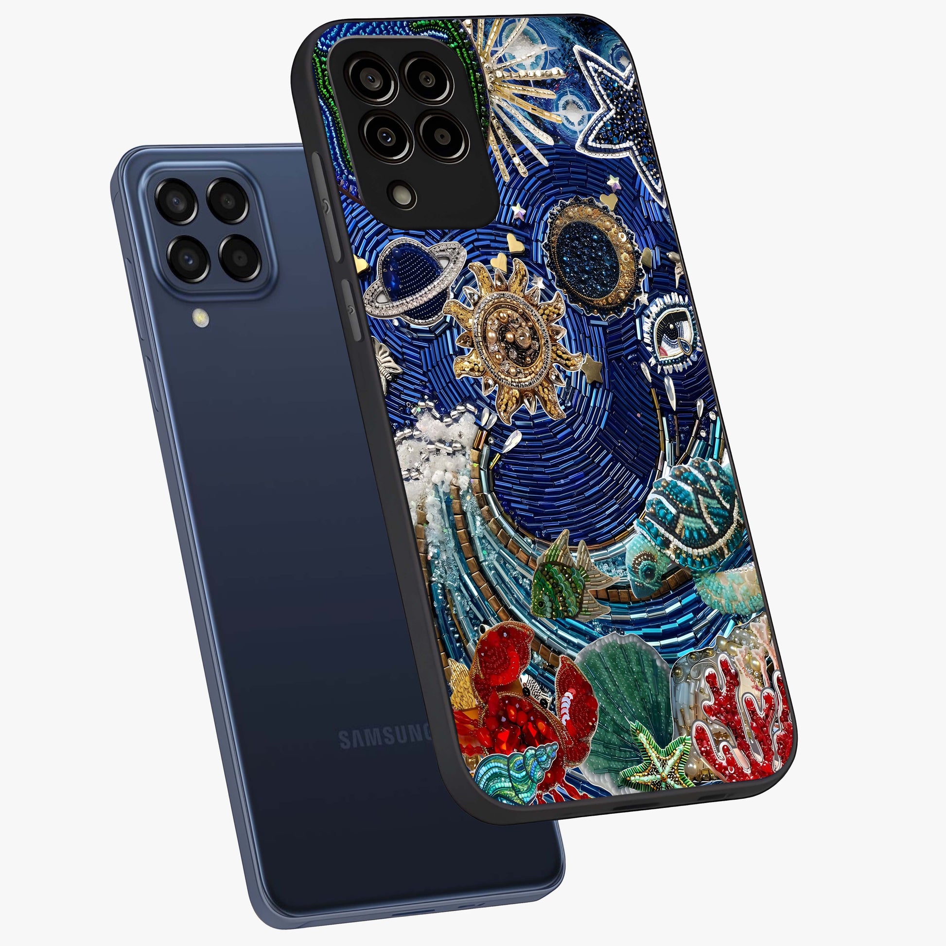 Universe Underwater Spark Glass Case displayed in angled mockup highlighting glowing aquatic design with celestial aesthetic.