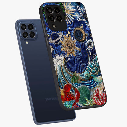 Universe Underwater Spark Glass Case displayed in angled mockup highlighting glowing aquatic design with celestial aesthetic.
