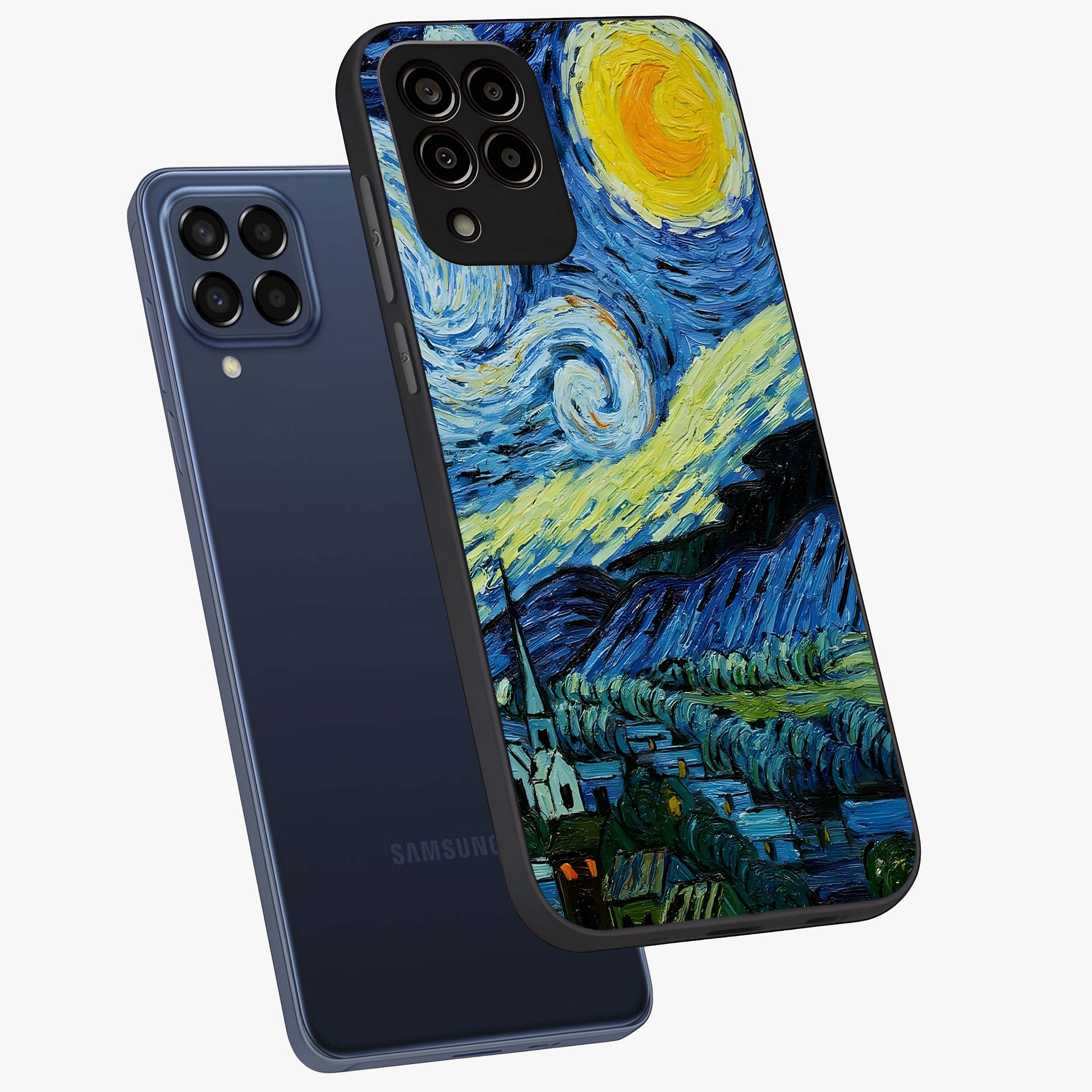 Van Gogh Art Glass Case displayed in angled mockup highlighting swirling brushstroke design with artistic aesthetic.